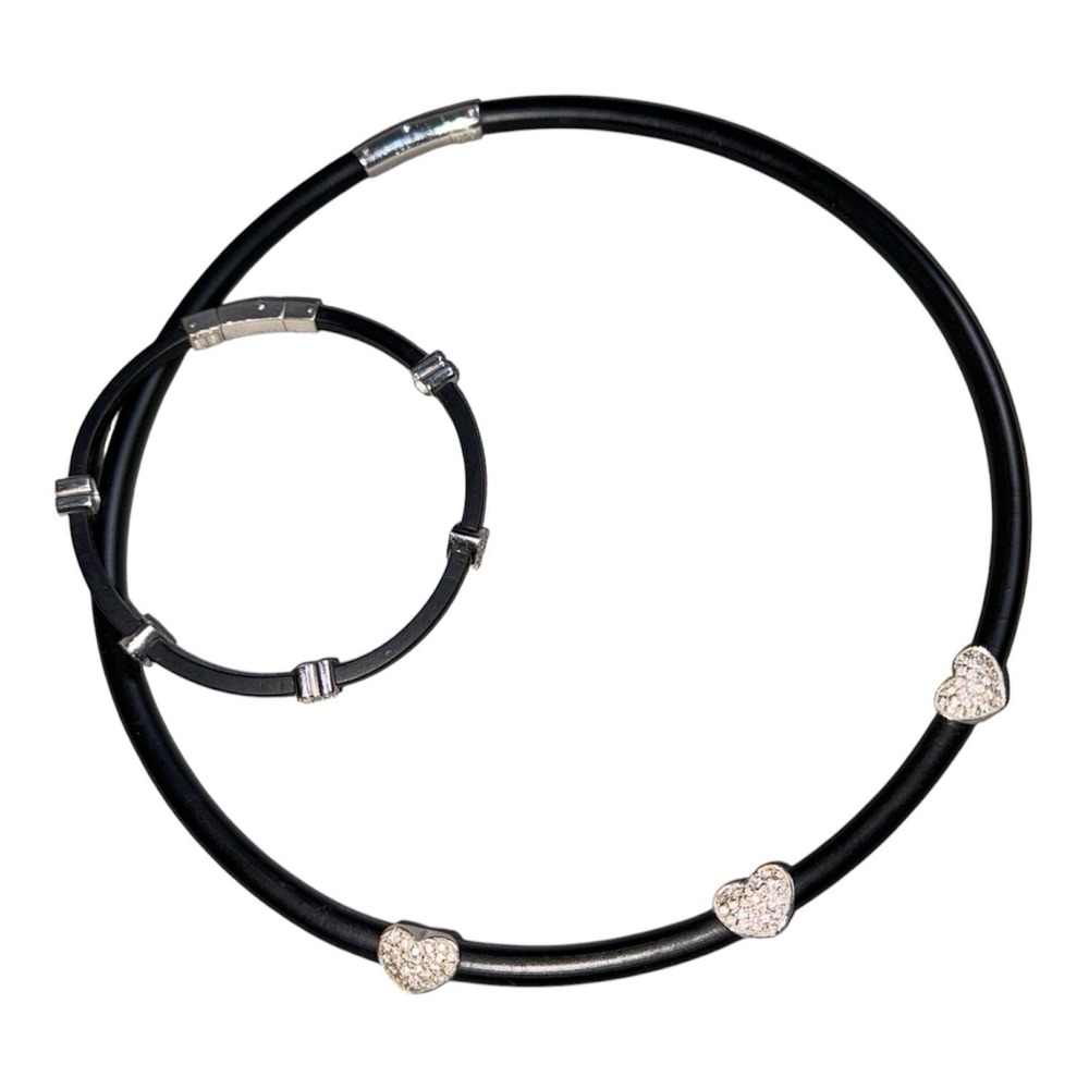 ELITE 18K white gold & diamond heart necklace & bracelet set black rubber